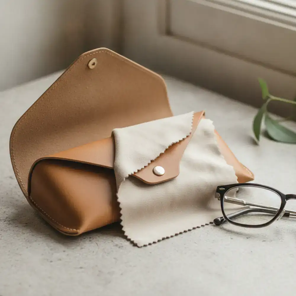 Premium leather sunglass cases and cleaning kits arranged neatly