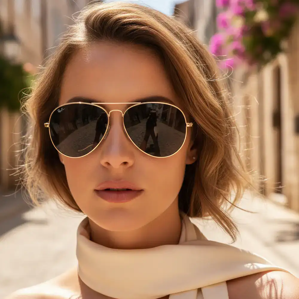 Model wearing classic aviator sunglasses in bright sunlight