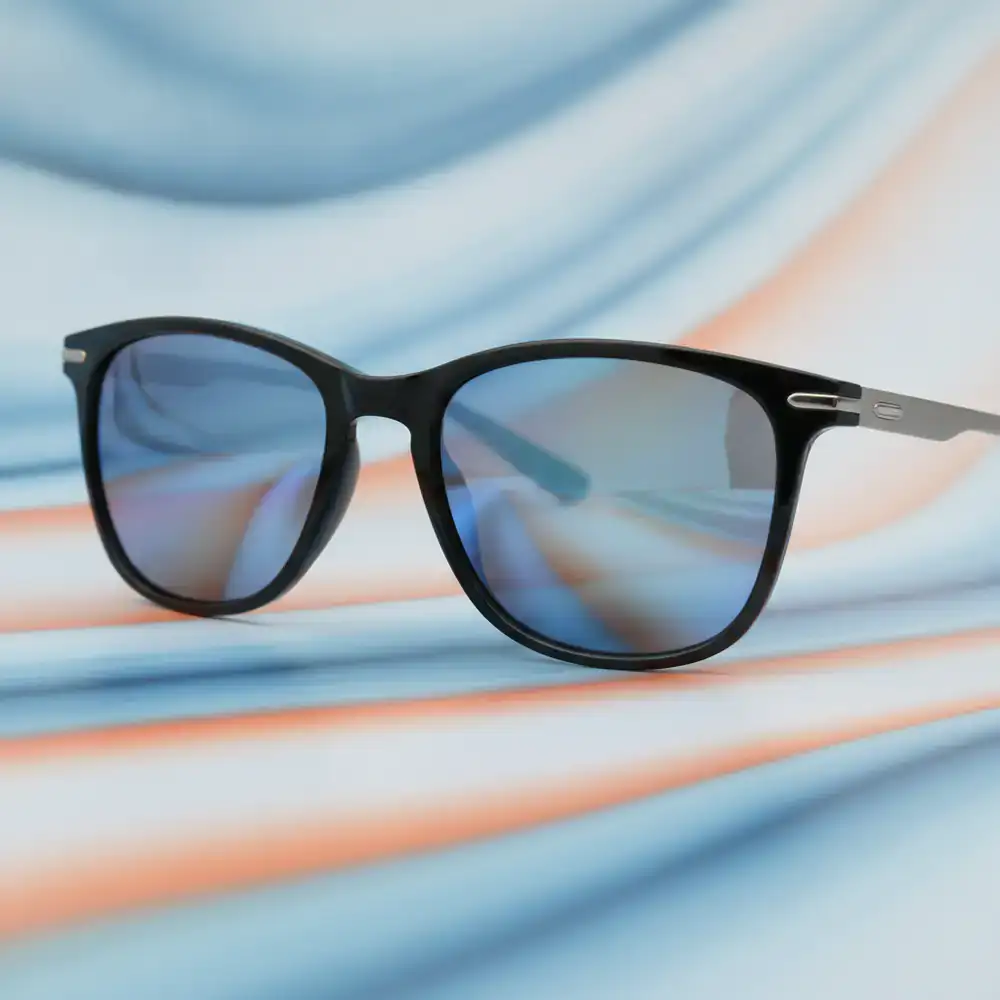 Modern polarized sunglasses against abstract background