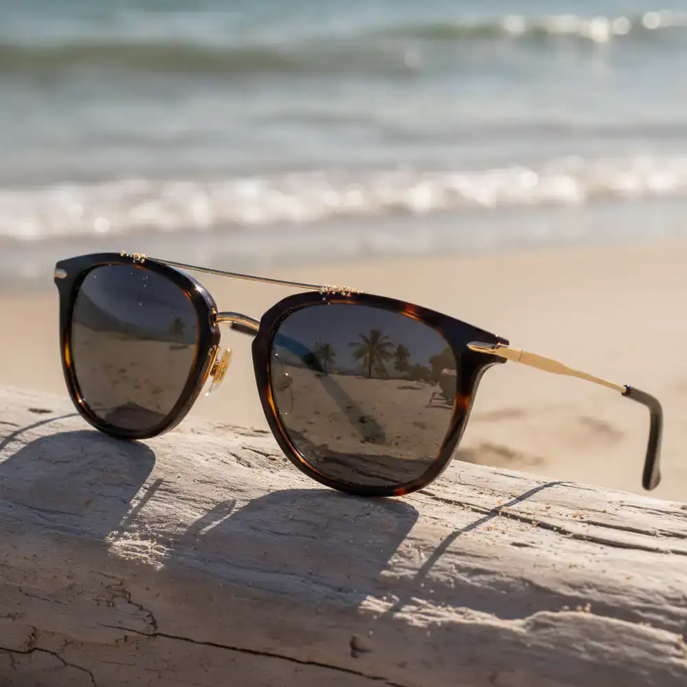 Close up view of premium polarized sunglasses resting outdoors