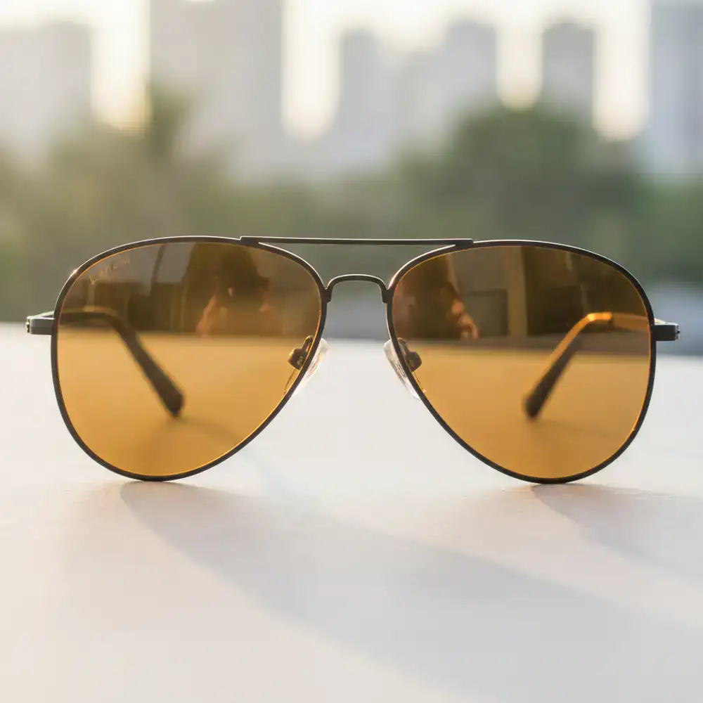 The Banani Aviator matte black frame with amber lenses