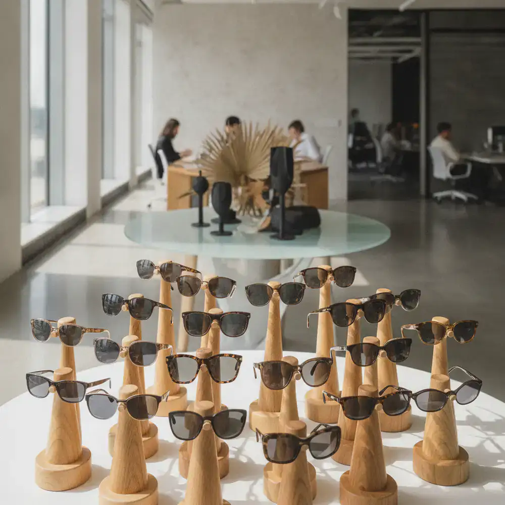 Premium sunglasses displayed at PrimeService Eyewear headquarters